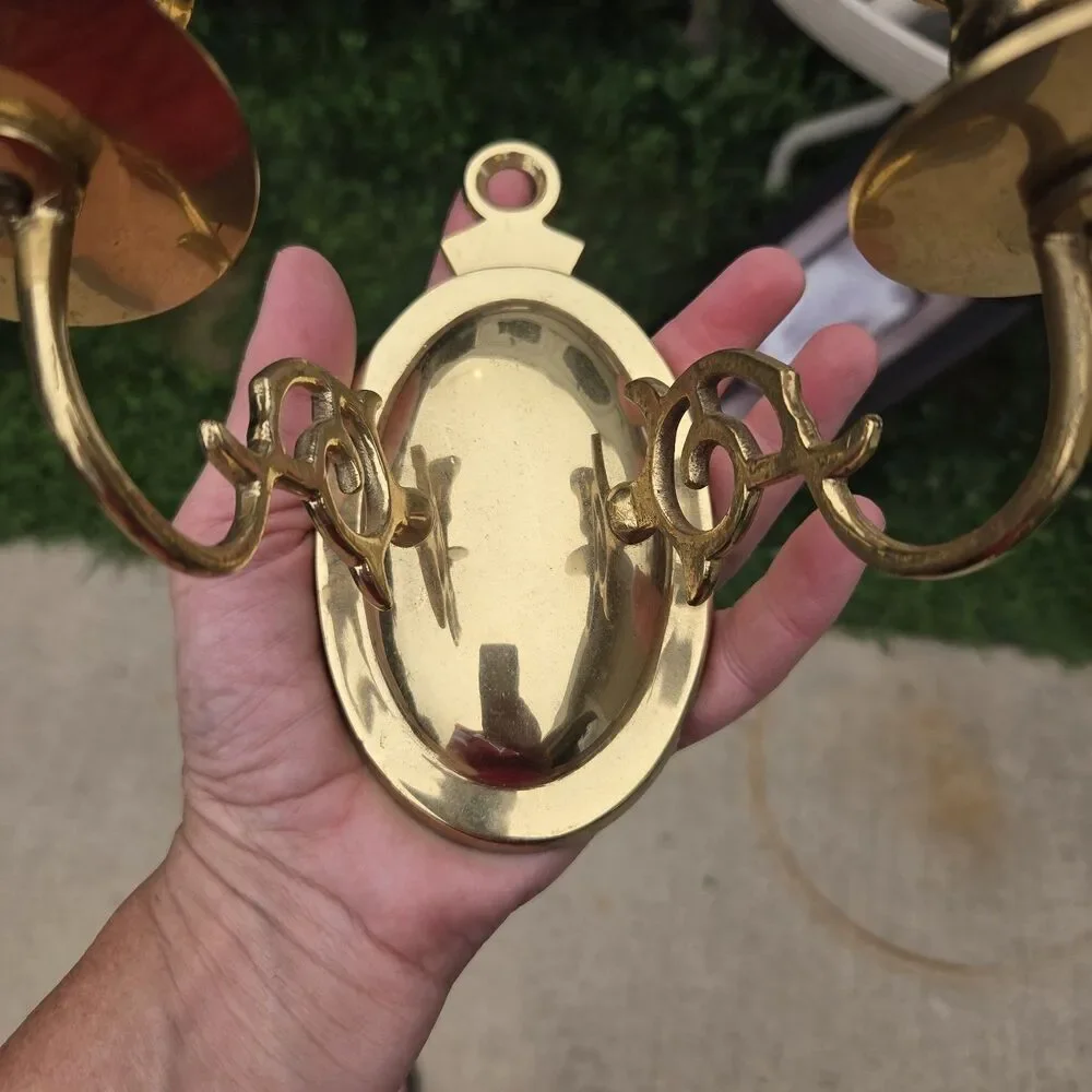 VTG Brass Wall Sconce Double Arm Candle Holder Candelabra Oval Mount